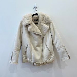 Zara white cream faux fur suede aviator jacket